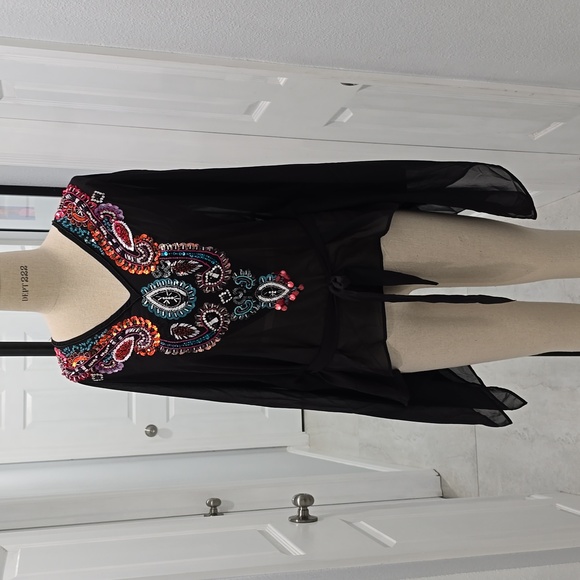 Boho Embellished Sheer Black Tunic Top – Vibrant Embroidery & Rhinestone Detail - Picture 3 of 8